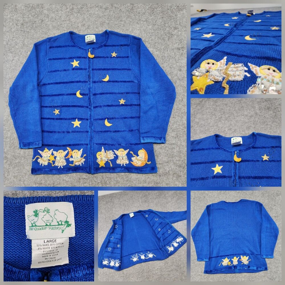 The Quacker Factory Womens L Large Angel Stars Moon Knit Blue Cardigan Sweater